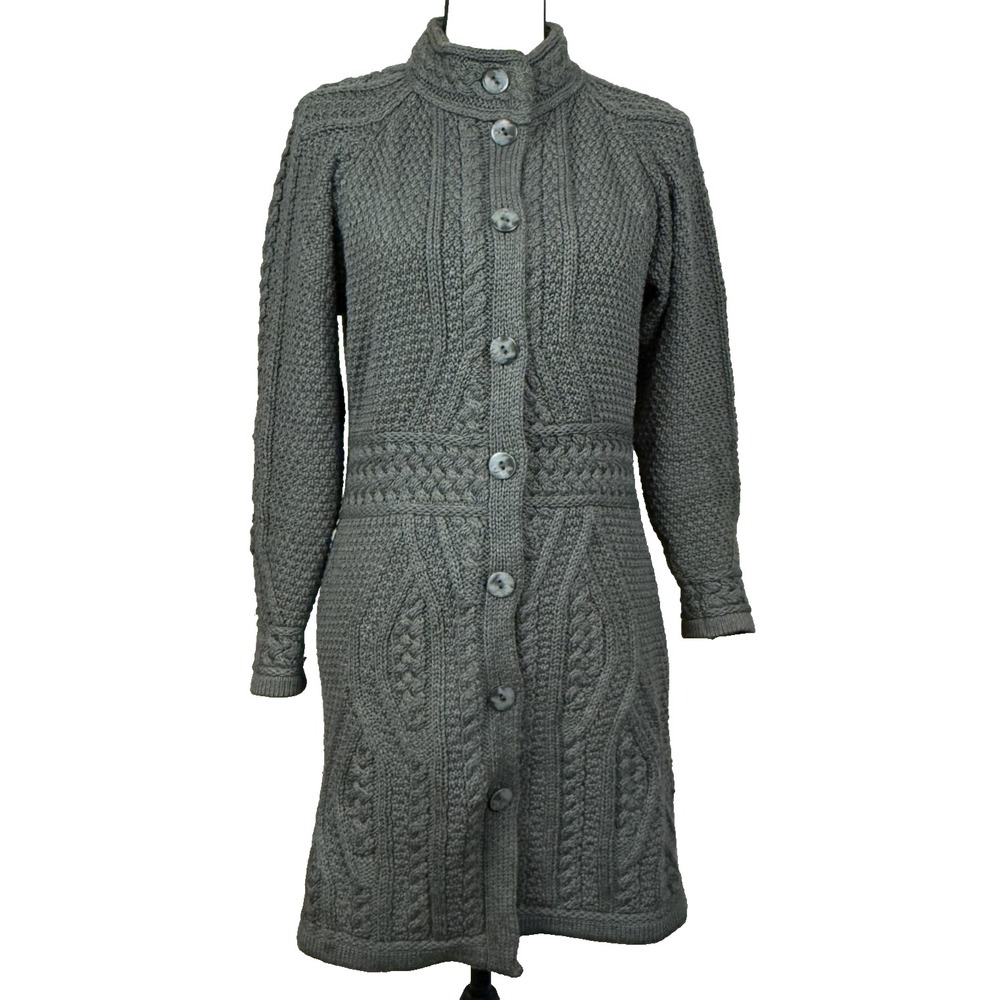 Aran Crafts Sweater Long Cardigan Women XXS Green Merino Wool Cable Knit Ireland